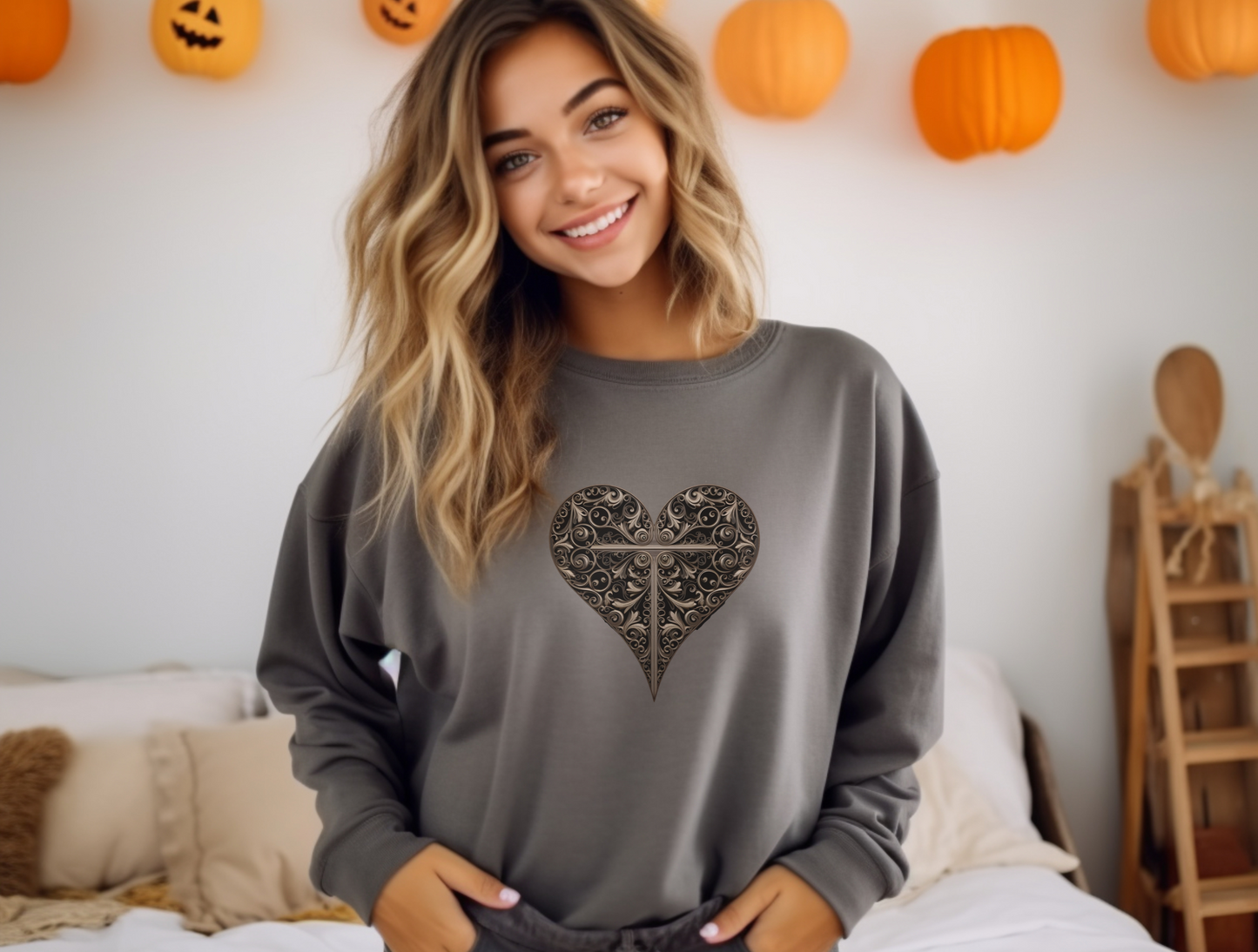 Cross in Heart Sweatshirt – “Above all else, guard your heart.” Proverbs 4:23 | Christian Sweatshirt for Men, Women & Couples, Jesus, GOD, Religious Gift, Designer Sweater, Christian Shirt