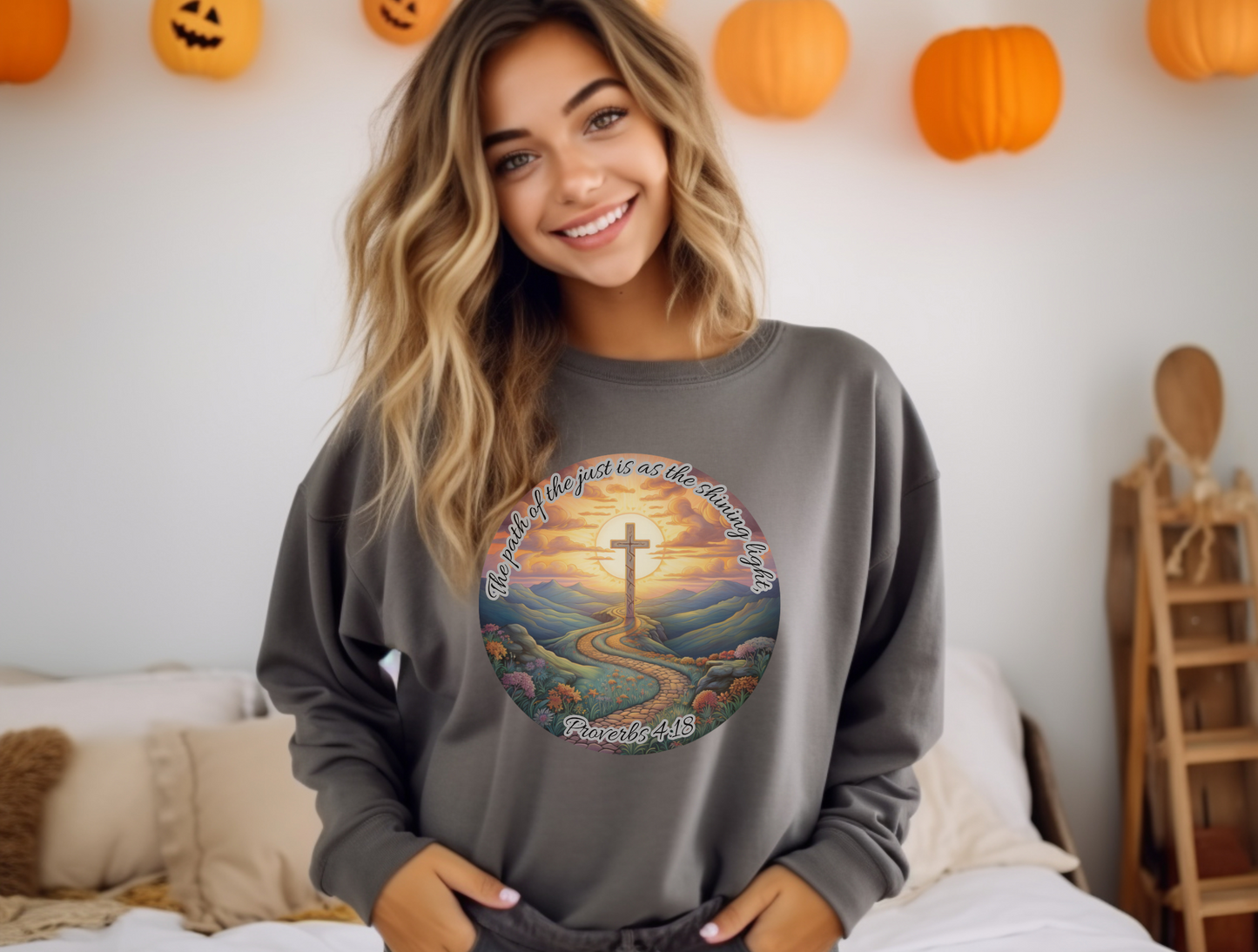 The Path of the Just Sweatshirt – “The path of the just is as the shining light, that shineth more and more unto the perfect day.” Proverbs 4:18 – Men, Women, Couples | Christian Apparel, Religious Gift, Designer Sweater, Jesus, GOD, Mom, Friend