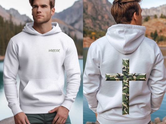 Warrior Cross Christian Hoodie – “Be strong and courageous; do not be afraid; do not be discouraged, for the LORD your God will be with you wherever you go.” (Joshua 1:9) – Designer Christian Hoodie for Men, Women, or Couples