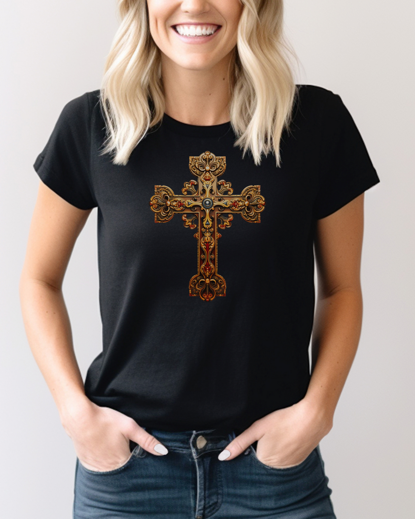 “The Resurrection Cross” Christian T-Shirt – Romans 6:9 – “Christ, being raised from the dead, will never die again.”