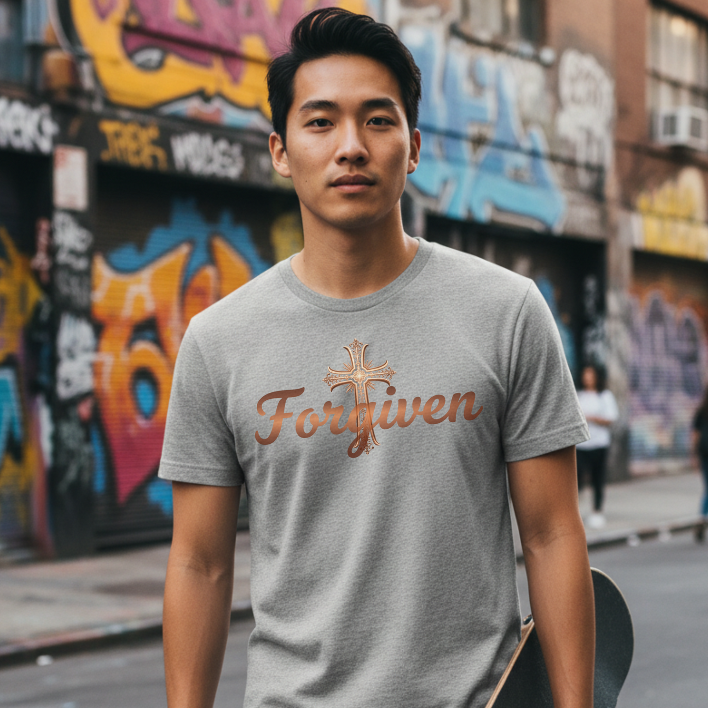 Forgiven Copper Cross T-Shirt | Psalm 103:12 “As far as the east is from the west, so far has He removed our transgressions from us.” — Psalm 103:12