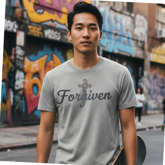 Forgiven Steel Cross T-Shirt | Isaiah 43:25 – “I, even I, am He who blots out your transgressions, for My own sake, and remembers your sins no more.”