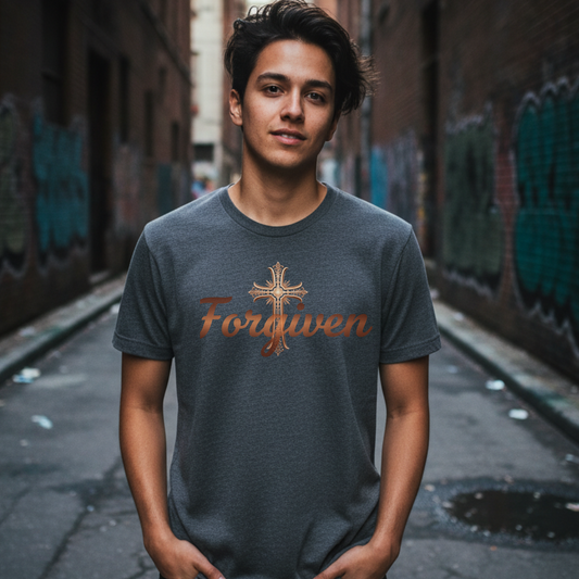 Forgiven Copper Cross T-Shirt | Psalm 103:12 “As far as the east is from the west, so far has He removed our transgressions from us.” — Psalm 103:12