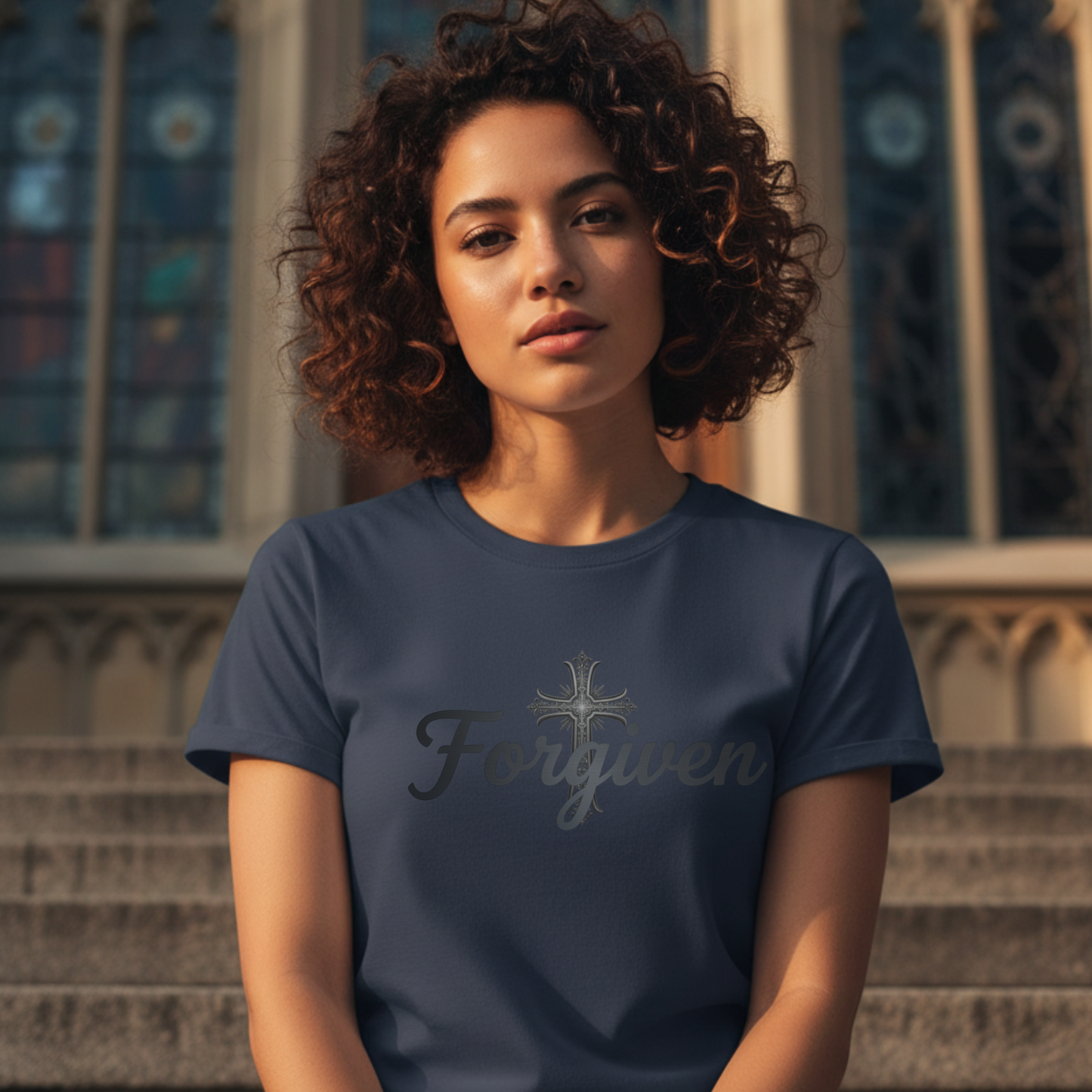 Forgiven Steel Cross T-Shirt | Isaiah 43:25 – “I, even I, am He who blots out your transgressions, for My own sake, and remembers your sins no more.”