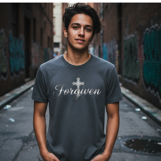 Forgiven Silver Cross T-Shirt | Ephesians 1:7 – “In Him we have redemption through His blood, the forgiveness of sins, in accordance with the riches of God’s grace.”