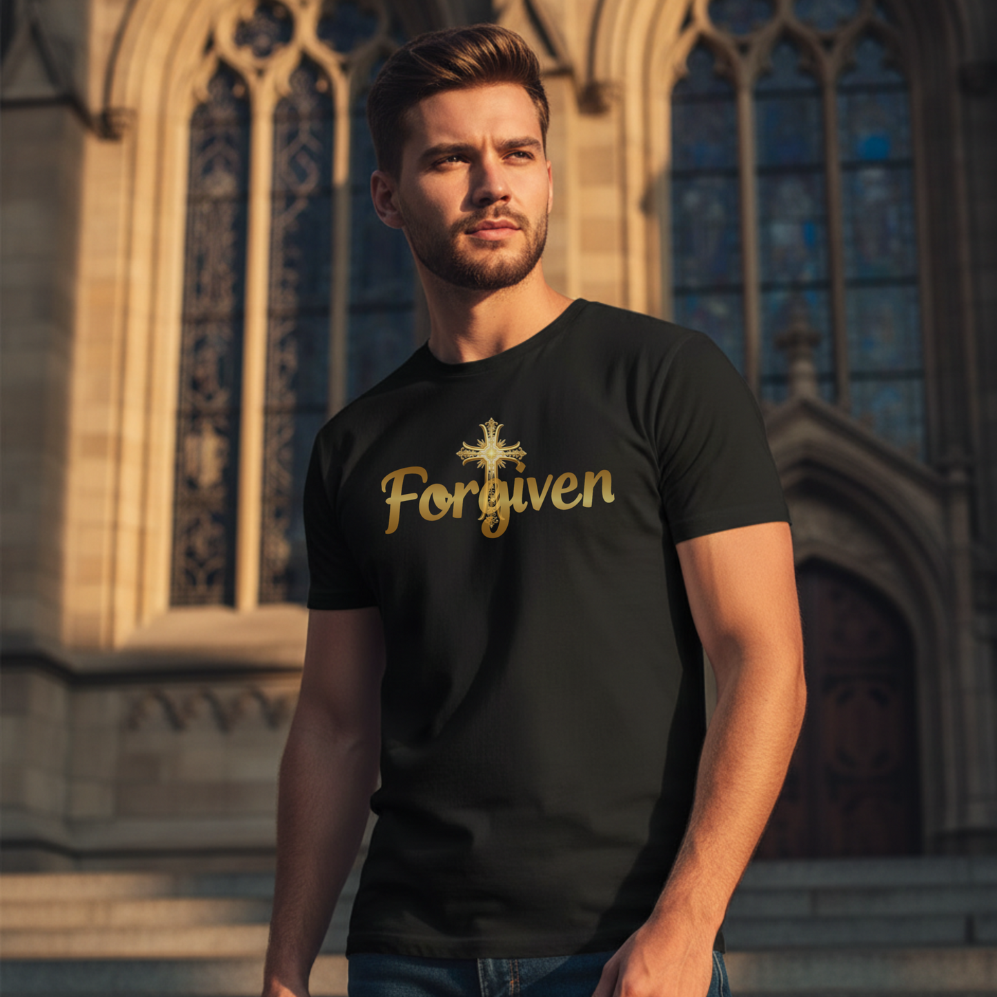 Forgiven Gold Cross T-Shirt | Psalm 103:8 – “The Lord is compassionate and gracious, slow to anger, abounding in love.”