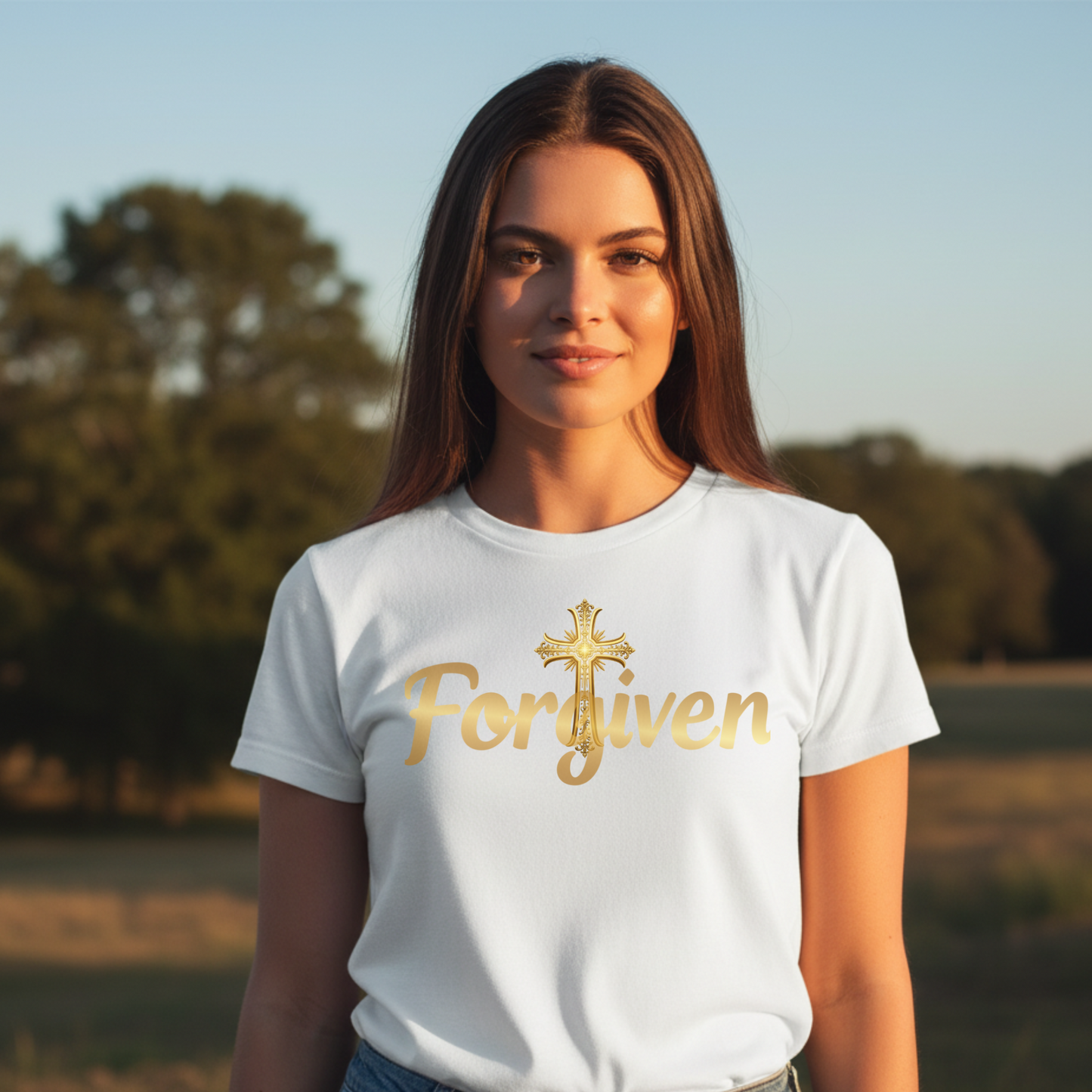 Forgiven Gold Cross T-Shirt | Psalm 103:8 – “The Lord is compassionate and gracious, slow to anger, abounding in love.”