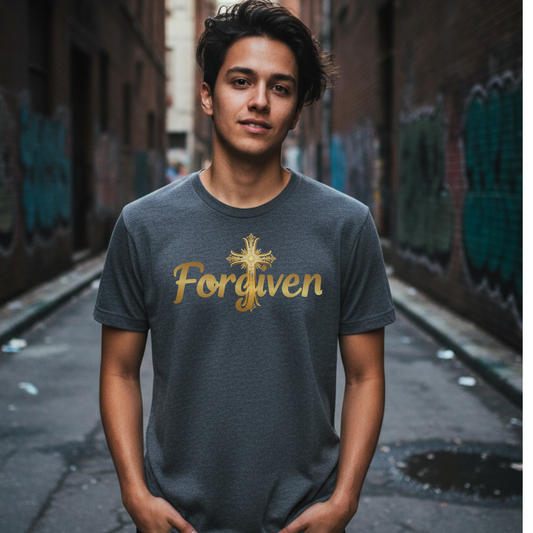 Forgiven Gold Cross T-Shirt | Psalm 103:8 – “The Lord is compassionate and gracious, slow to anger, abounding in love.”