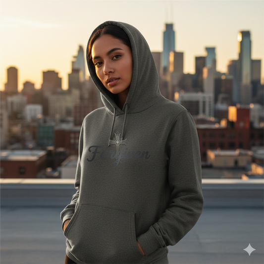 Forgiven Steel Cross Hoodie | Isaiah 43:25 – “I, even I, am He who blots out your transgressions, for My own sake, and remembers your sins no more.”