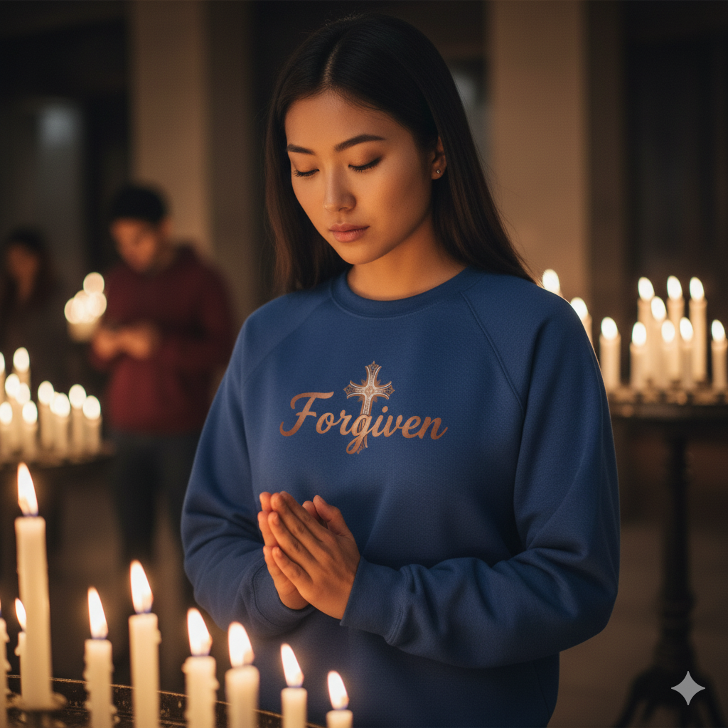Forgiven Rose Gold Cross Sweatshirt – “For if you forgive others their trespasses, your heavenly Father will also forgive you.” (Matthew 6:14)