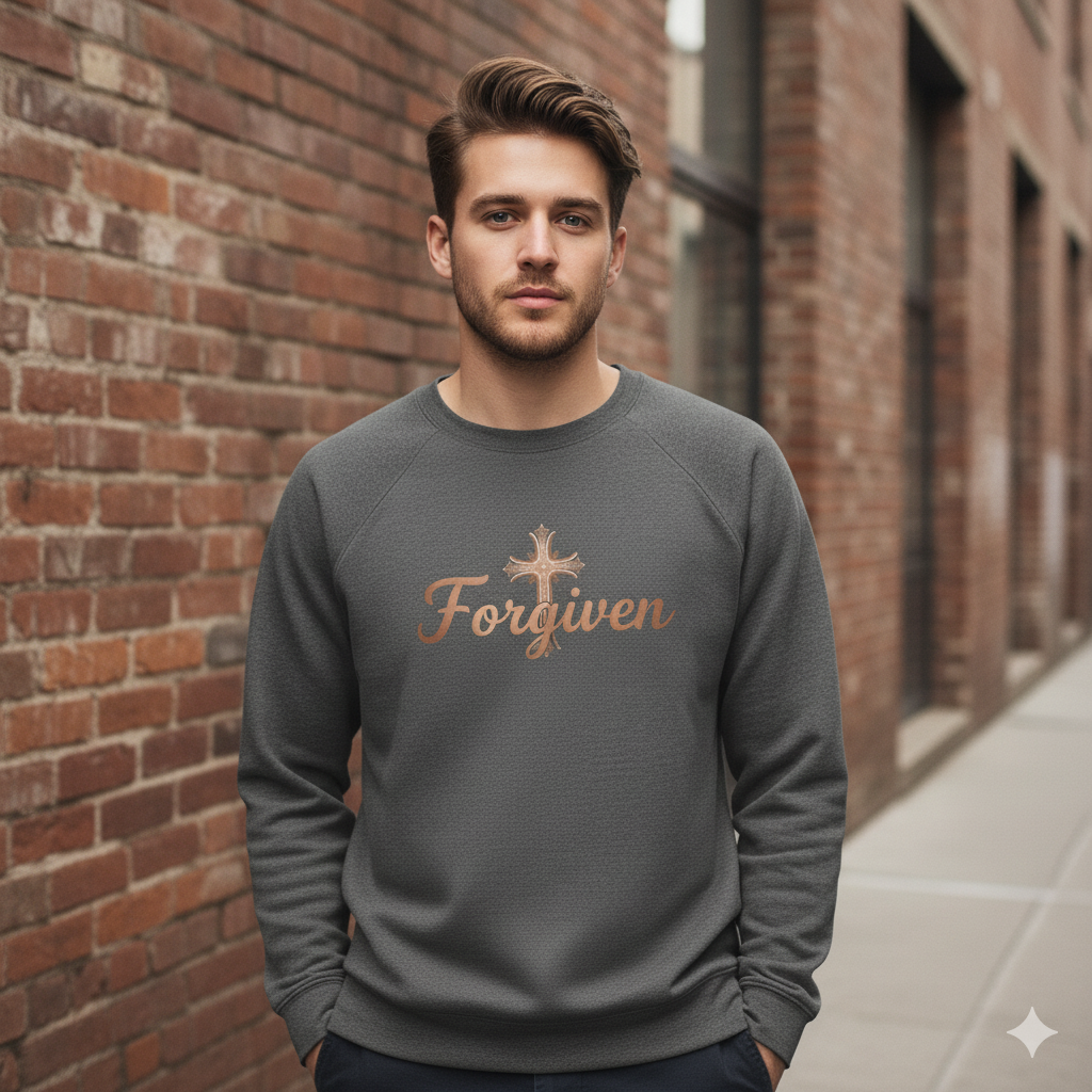 Forgiven Rose Gold Cross Sweatshirt – “For if you forgive others their trespasses, your heavenly Father will also forgive you.” (Matthew 6:14)