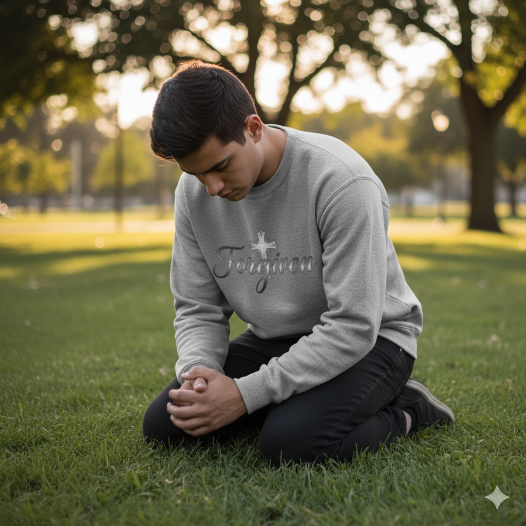 Forgiven Silver Cross Sweatshirt – “For if you forgive others their trespasses, your heavenly Father will also forgive you.” (Matthew 6:14)