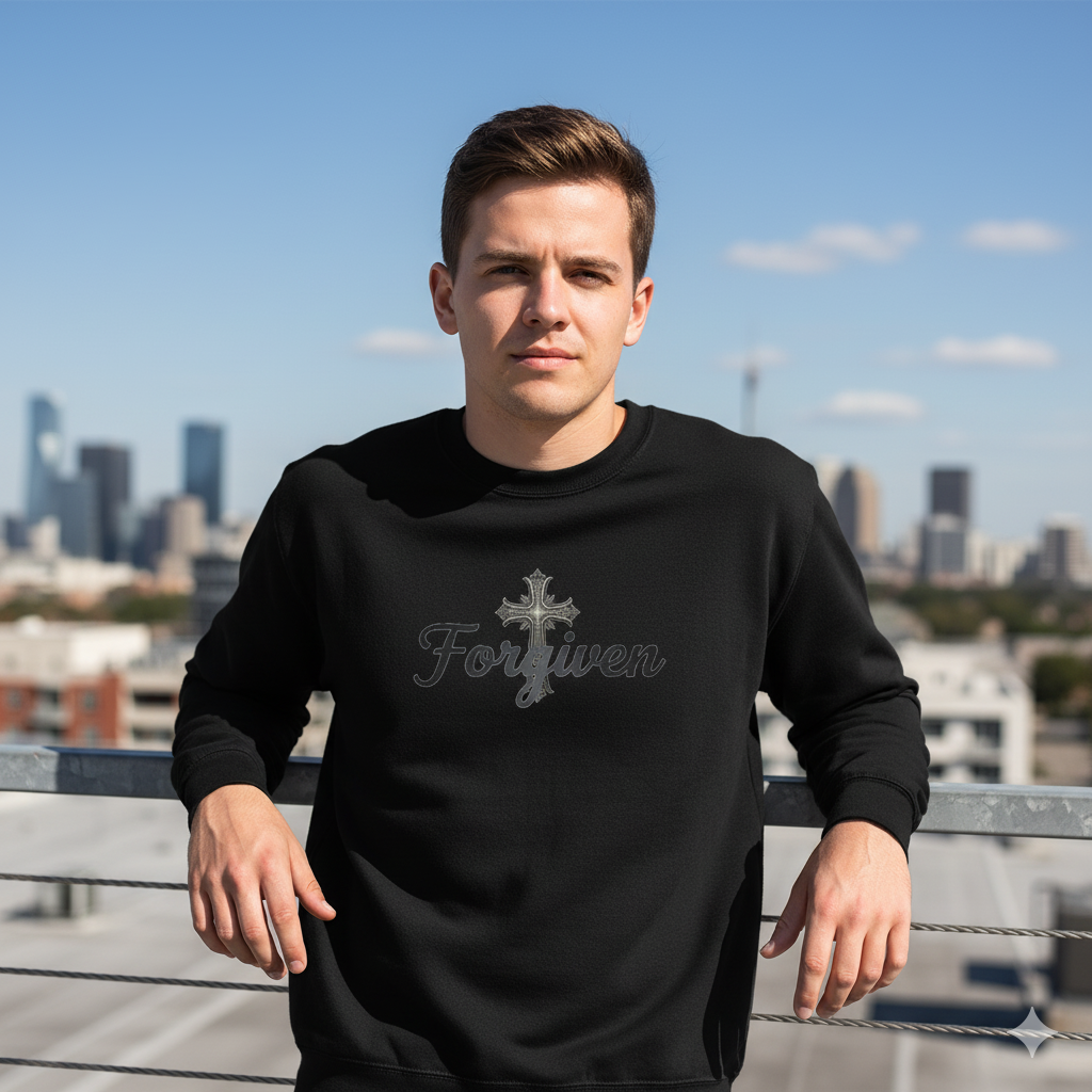 Forgiven Steel Cross Sweatshirt – “For if you forgive others their trespasses, your heavenly Father will also forgive you.” (Matthew 6:14)