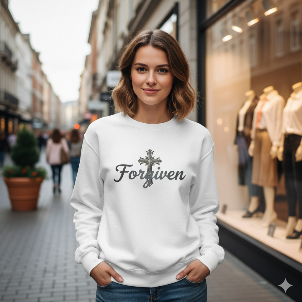 Forgiven Steel Cross Sweatshirt – “For if you forgive others their trespasses, your heavenly Father will also forgive you.” (Matthew 6:14)