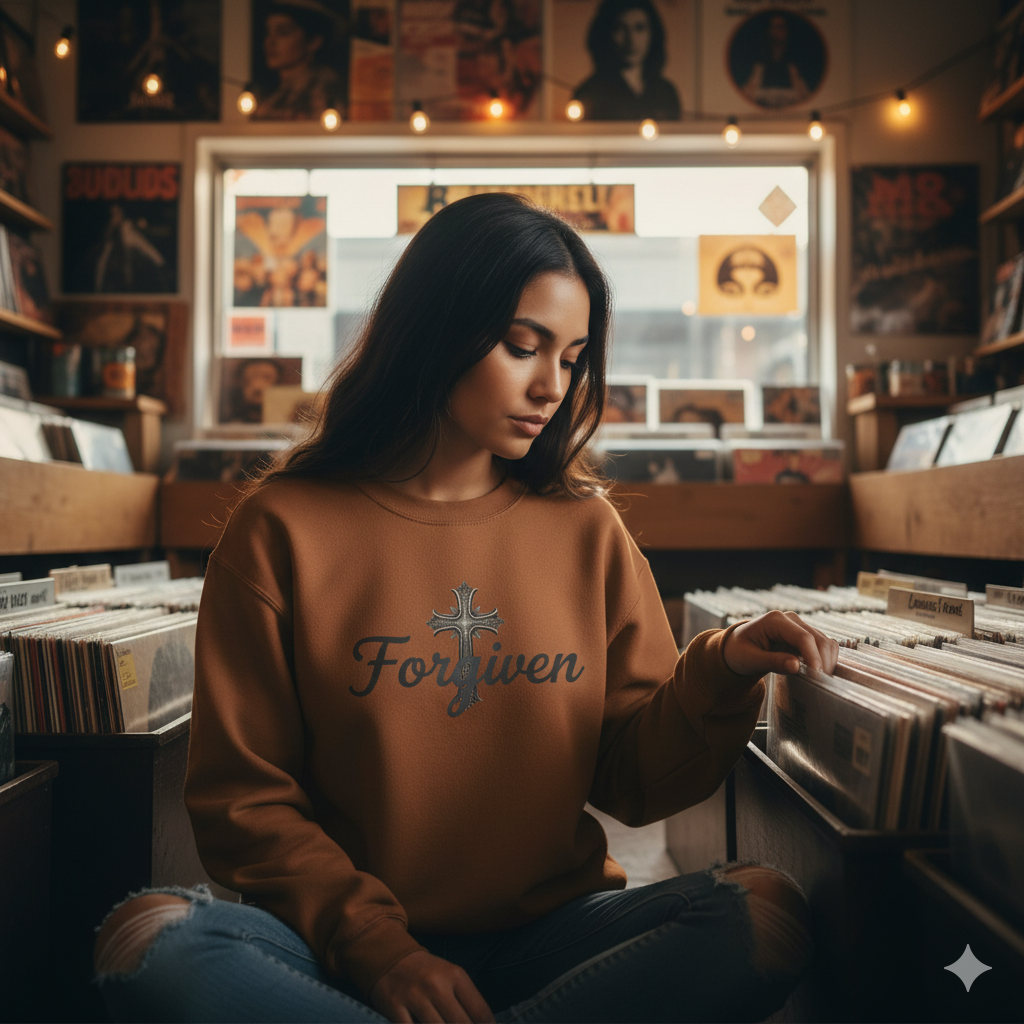 Forgiven Steel Cross Sweatshirt – “For if you forgive others their trespasses, your heavenly Father will also forgive you.” (Matthew 6:14)