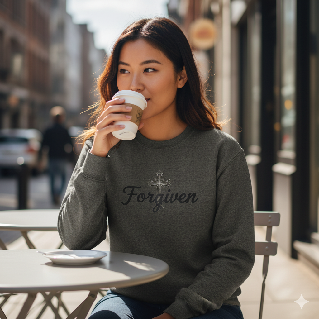 Forgiven Steel Cross Sweatshirt – “For if you forgive others their trespasses, your heavenly Father will also forgive you.” (Matthew 6:14)