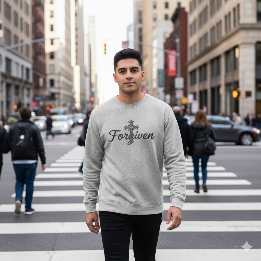 Forgiven Steel Cross Sweatshirt – “For if you forgive others their trespasses, your heavenly Father will also forgive you.” (Matthew 6:14)