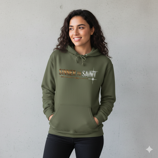 Sinner to Saint Hoodie – Copper to Silver Metallic Print | Christian Transformation Hoodie | Luke 15 Faith Collection