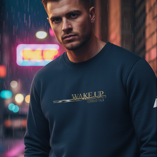 Wake Up Adidas fleece crewneck, navy, Romans 12:2