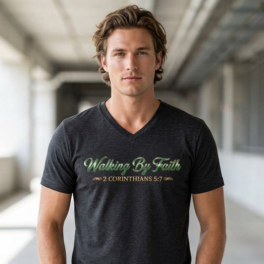Walking By Faith 2 Corinthians 5:7 Christian V-Neck T-Shirt - Unisex Faith Apparel, Scripture Graphic, Soft Cotton