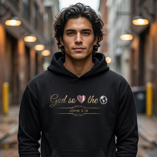 God So Loved The World John 3:16 Christian Pullover Hoodie - Unisex Faith Apparel, Scripture Graphic, Soft Cotton