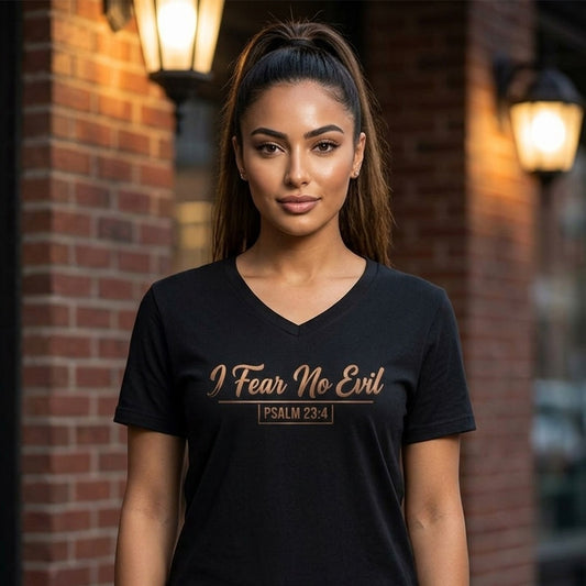 I Fear No Evil Psalm 23:4 Christian V-Neck T-Shirt - Unisex Faith Apparel, Scripture Graphic, Soft Cotton