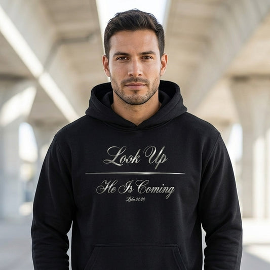 Look Up He Is Coming Luke 21:28 Christian Pullover Hoodie - Unisex Faith Apparel, Scripture Graphic, Soft Cotton