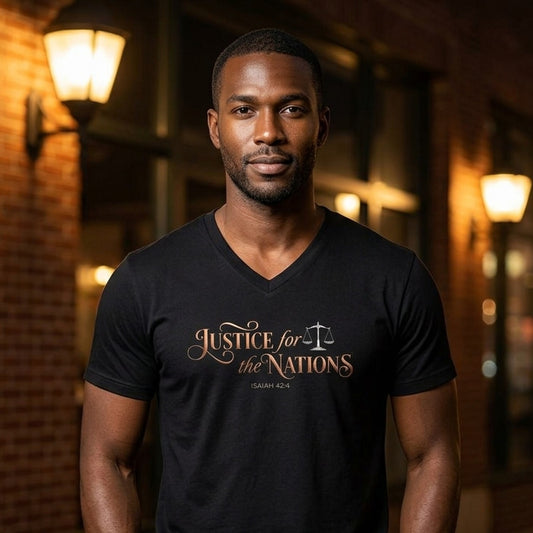 Justice For The Nations Isaiah 42:4 Christian V-Neck T-Shirt - Unisex Faith Apparel, Scripture Graphic, Soft Cotton