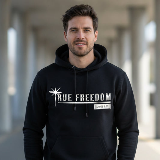 True Freedom John 8:36 Christian Pullover Hoodie - Unisex Faith Apparel, Scripture Graphic, Soft Cotton