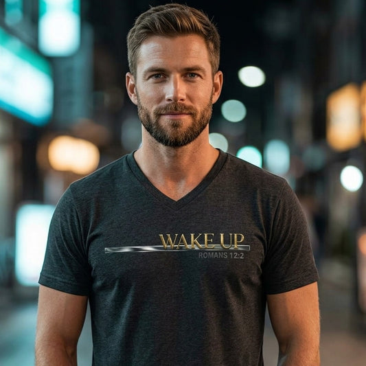 Wake Up Romans 12:2 Christian V-Neck T-Shirt - Unisex Faith Apparel, Scripture Graphic, Soft Cotton