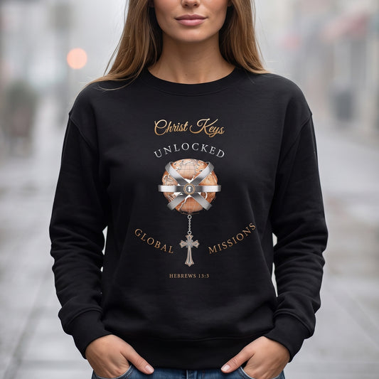 Unlocked Global Missions Hebrews 13:3 Christian Crewneck Sweatshirt - Unisex Faith Apparel, Scripture Graphic