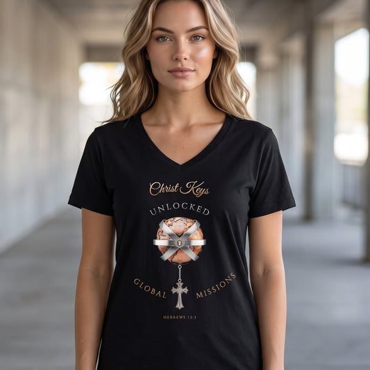 Unlocked Global Missions Hebrews 13:3 Christian V-Neck T-Shirt - Unisex Faith Apparel, Scripture Graphic