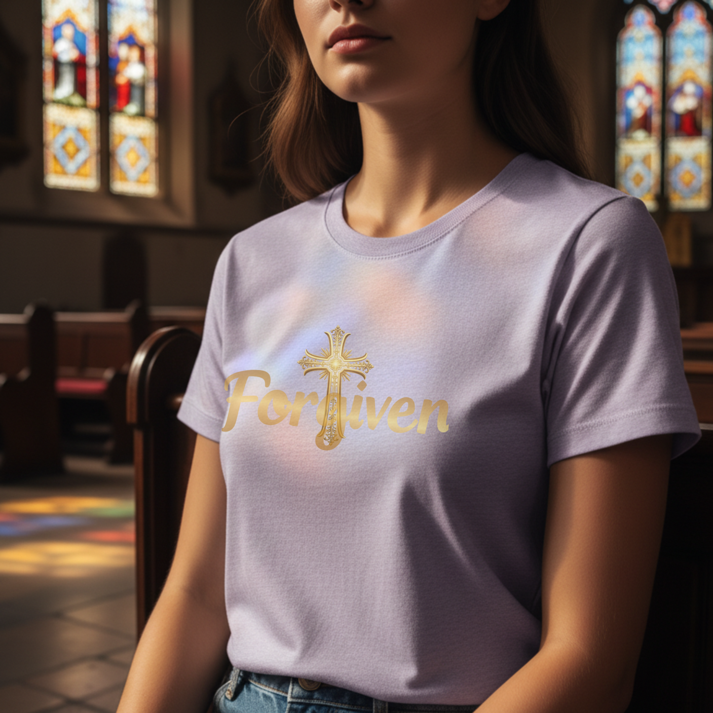 Forgiven Gold Cross T-Shirt | Psalm 103:8 – “The Lord is compassionate and gracious, slow to anger, abounding in love.”