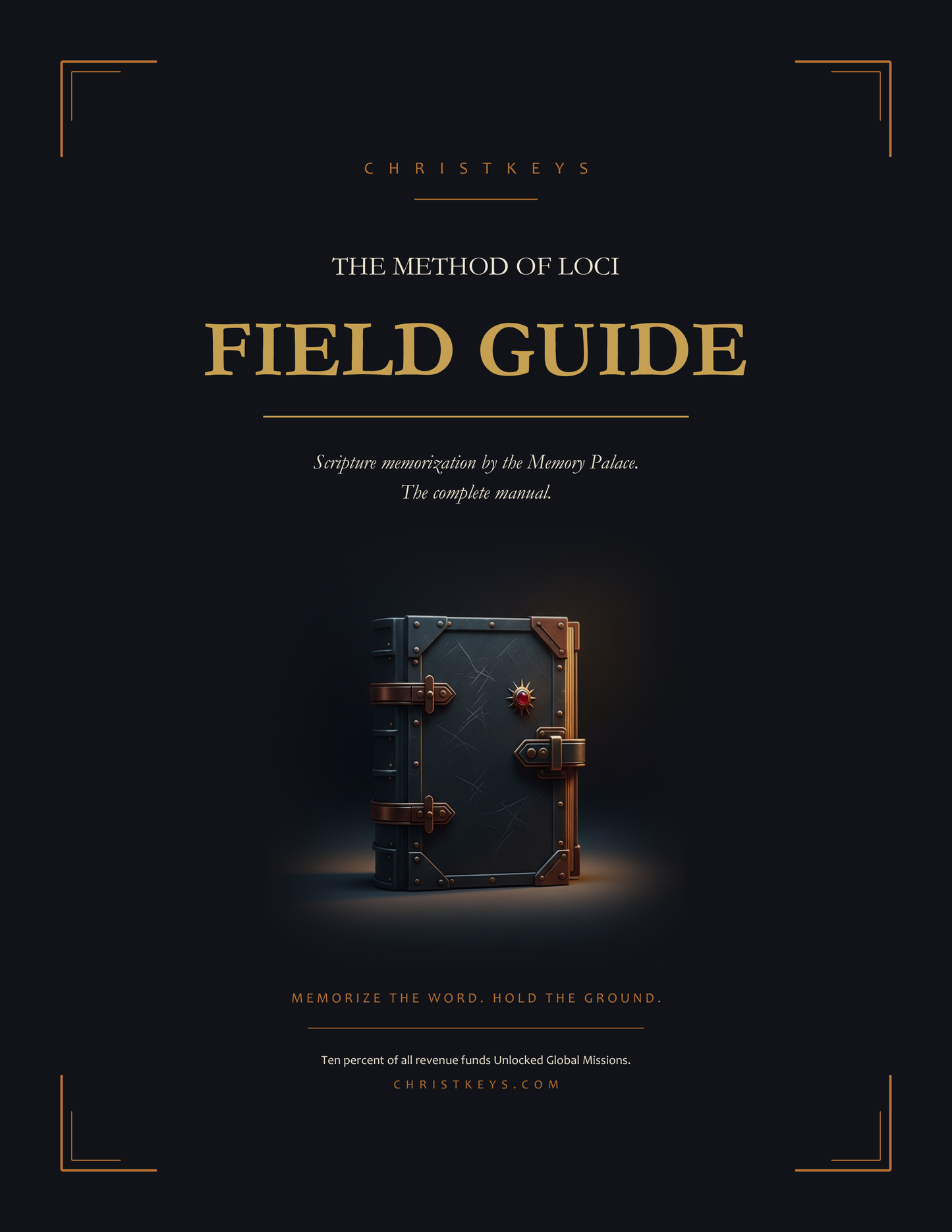 The Method of Loci Field Guide cover, iron-bound book with antique gold title on dark slate