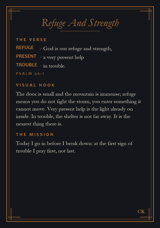 Sanctuary Deck card back, Psalm 46:1 broken into copper memory tags