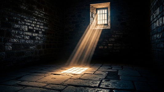 Light breaking through a high barred window into a dark stone prison cell