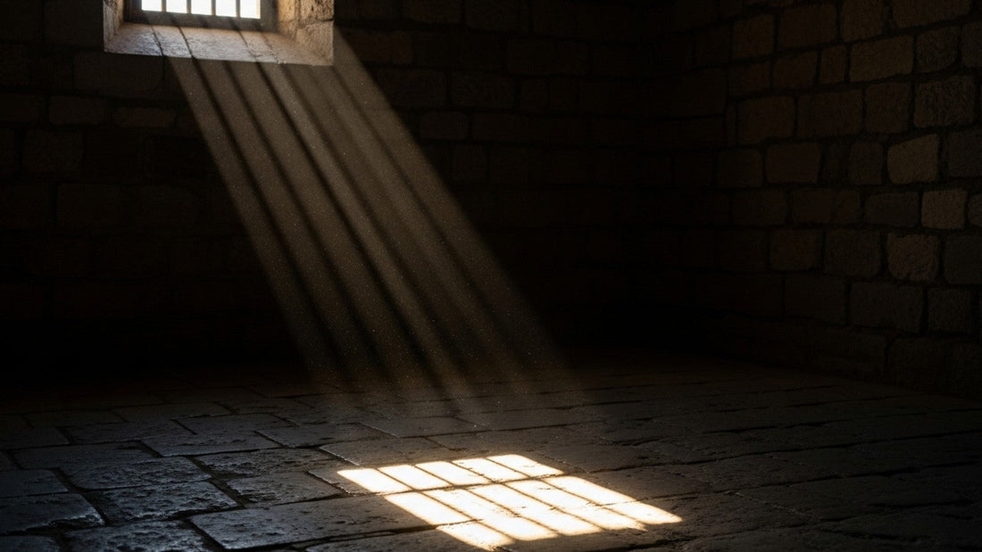 Warm light falling through a small barred window onto the stone floor of a dark cell