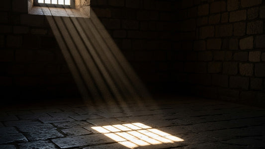 Warm light falling through a small barred window onto the stone floor of a dark cell