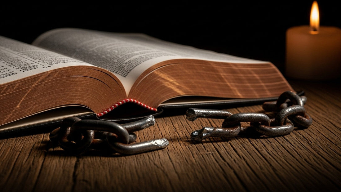 An open Bible in candlelight with a broken iron chain lying beside it