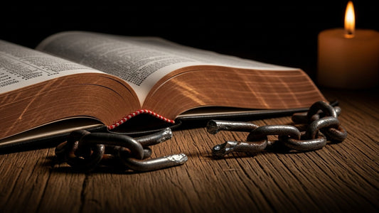 An open Bible in candlelight with a broken iron chain lying beside it