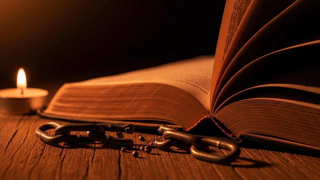 An open Bible glowing in warm light, its pages turning, a small candle burning nearby