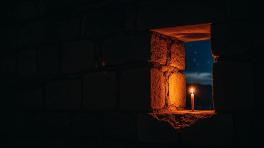 A hidden candle burning in the window niche of a dark stone wall under a night sky