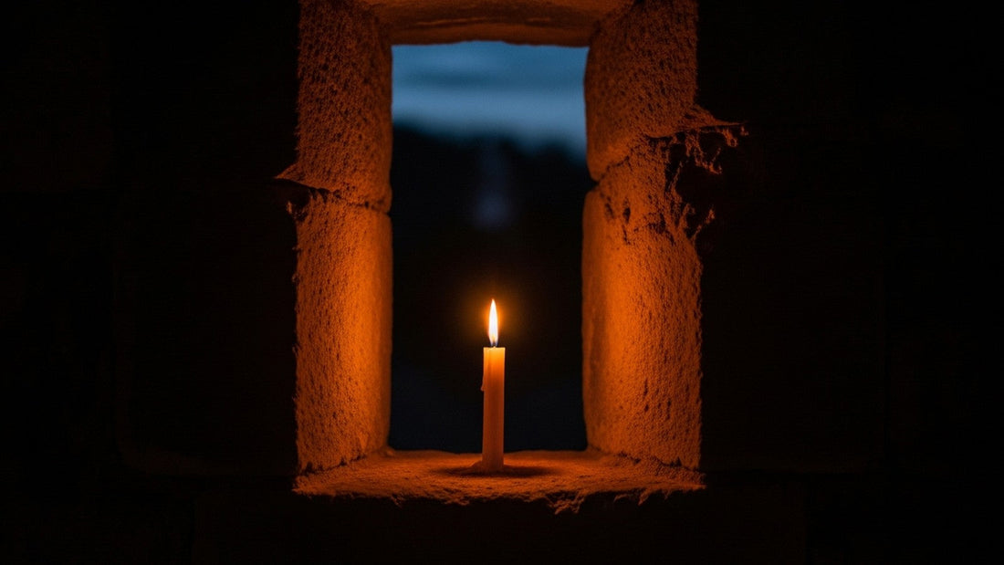 A single lit candle in a dark stone window, a small light holding against the night