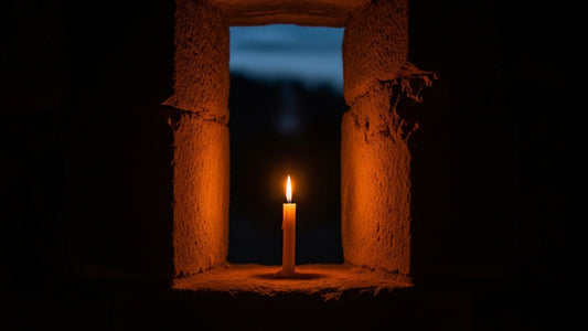 A single lit candle in a dark stone window, a small light holding against the night