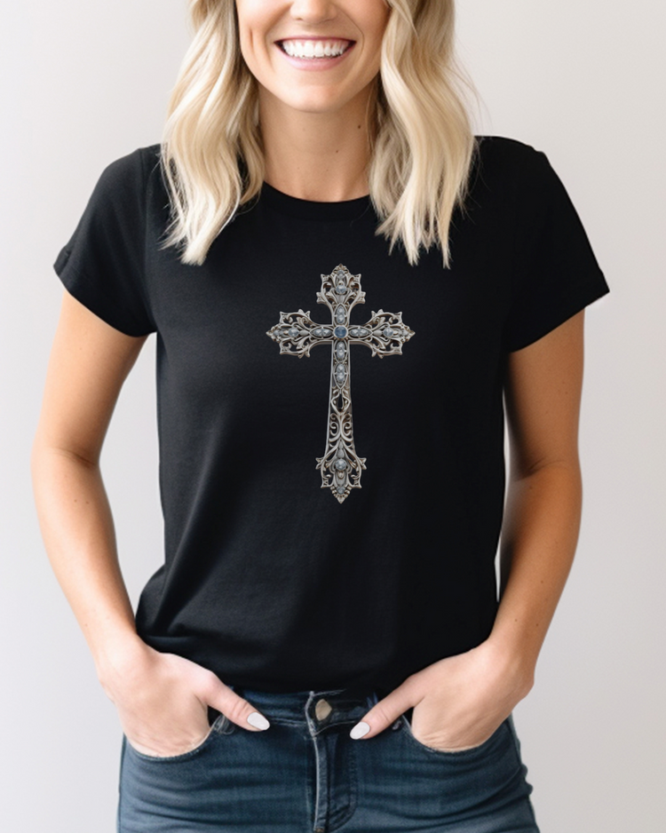 Designer Ornate Christian Cross T-Shirt | “For the message of the cross is the power of God.” – 1 Corinthians 1:18 | Faith Apparel, Religious Gift