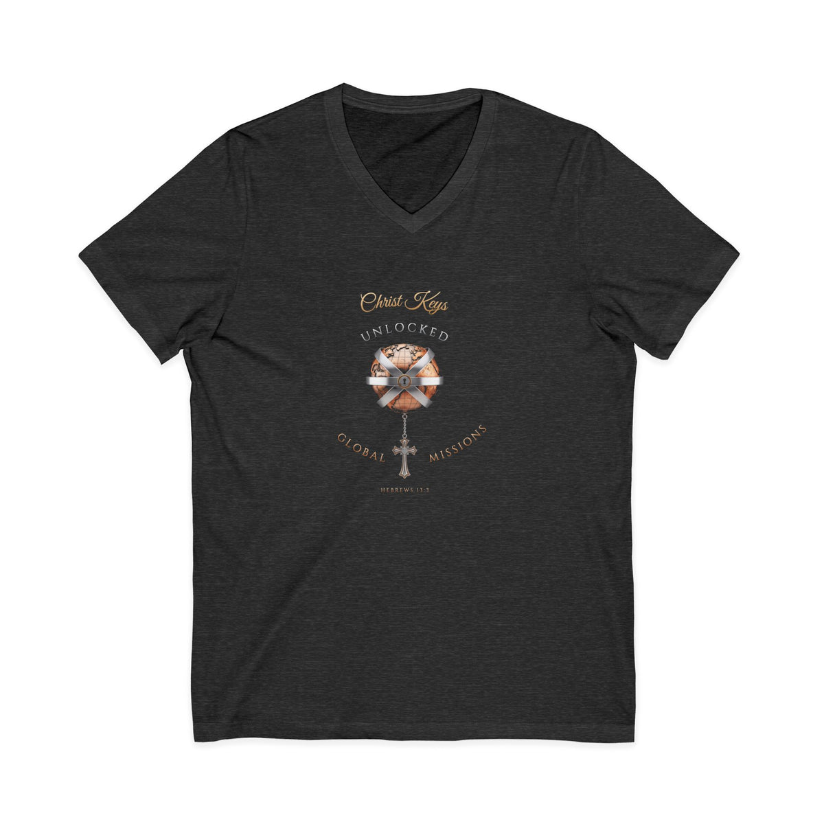Unlocked Global Missions Hebrews 13:3 Christian V-Neck T-Shirt - Unisex Faith Apparel, Scripture Graphic