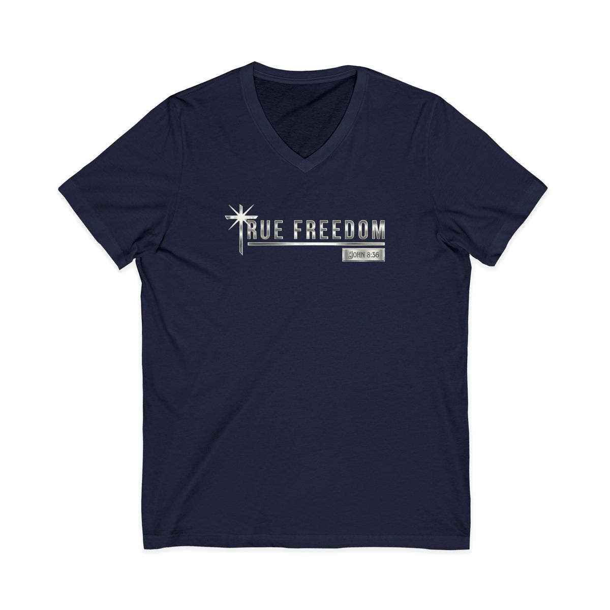 True Freedom John 8:36 Christian V-Neck T-Shirt - Unisex Faith Apparel, Scripture Graphic, Soft Cotton