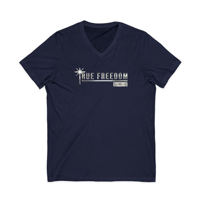 True Freedom John 8:36 Christian V-Neck T-Shirt - Unisex Faith Apparel, Scripture Graphic, Soft Cotton