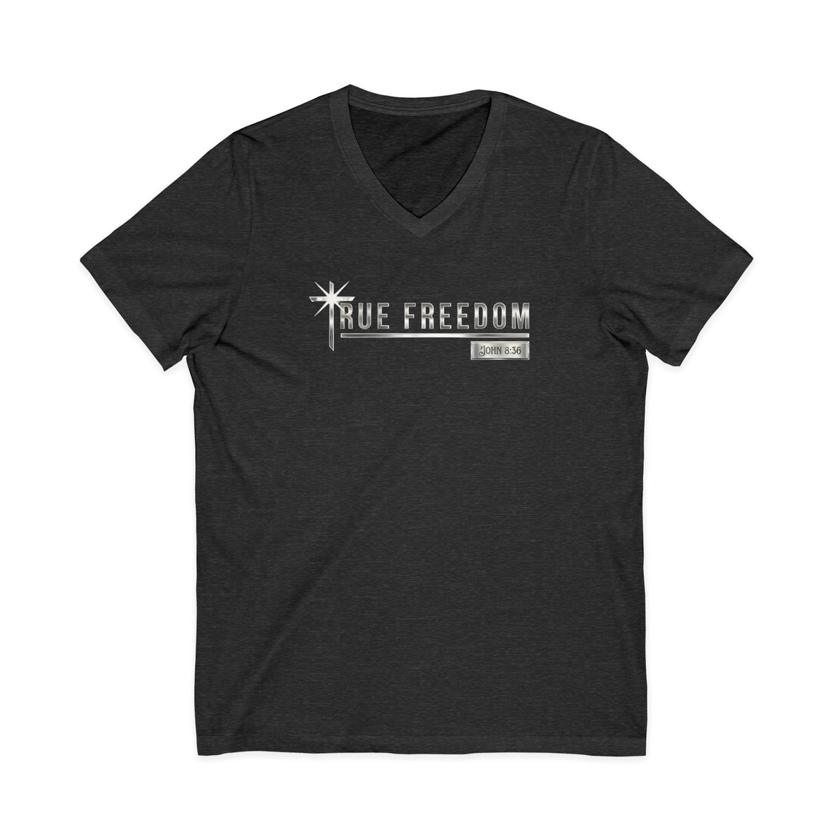 True Freedom John 8:36 Christian V-Neck T-Shirt - Unisex Faith Apparel, Scripture Graphic, Soft Cotton
