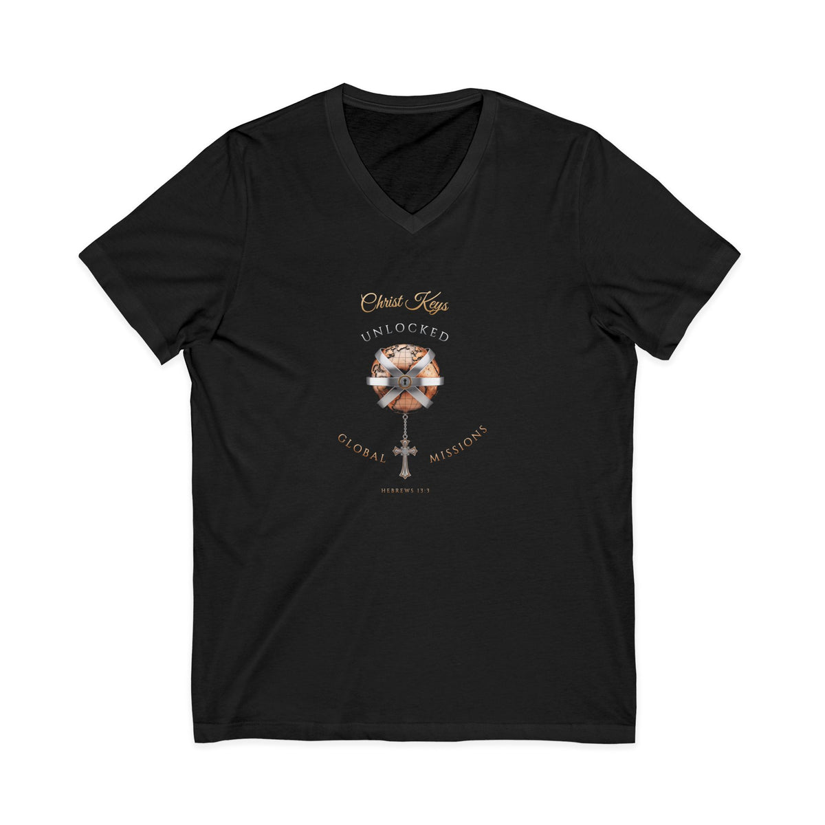 Unlocked Global Missions Hebrews 13:3 Christian V-Neck T-Shirt - Unisex Faith Apparel, Scripture Graphic